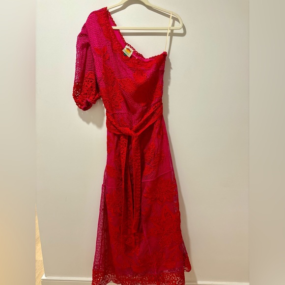 FARM Rio Bicolor Guipure One-Shoulder Maxi Dress Size Medium - Picture 6 of 9